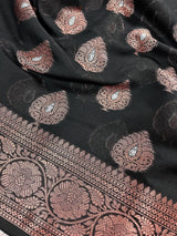 Black Cotton Silk Banarasi saree in banarasi cotton silk with antique zari weaving — Kaash Collection