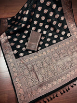 Black Cotton Silk Banarasi saree in banarasi cotton silk with antique zari weaving — Kaash Collection
