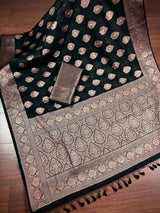 Black Color Banarasi Cotton Silk Saree with Antique Zari Weave | Handmade Saree | Saree in USA | Black Color Saree | Banarasi Saree - Kaash