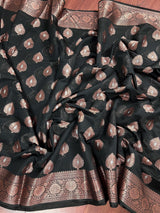 Black Color Banarasi Cotton Silk Saree with Antique Zari Weave | Handmade Saree | Saree in USA | Black Color Saree | Banarasi Saree - Kaash