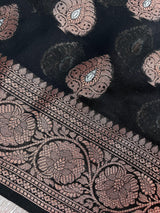 Black Color Banarasi Cotton Silk Saree with Antique Zari Weave | Handmade Saree | Saree in USA | Black Color Saree | Banarasi Saree - Kaash