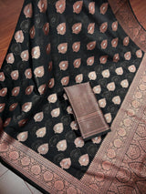 Black Color Banarasi Cotton Silk Saree with Antique Zari Weave | Handmade Saree | Saree in USA | Black Color Saree | Banarasi Saree - Kaash