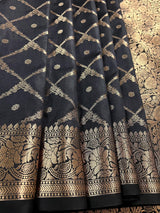 Black Color Banarasi Handloom Semi Soft Silk Saree - Antique Gold Zari Weave - Banarasi Sarees - Kaash