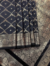 Black Color Banarasi Handloom Semi Soft Silk Saree - Antique Gold Zari Weave - Banarasi Sarees - Kaash