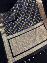 Black Color Banarasi Handloom Semi Soft Silk Saree - Antique Gold Zari Weave - Banarasi Sarees - Kaash