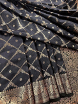 Black Color Banarasi Handloom Semi Soft Silk Saree - Antique Gold Zari Weave - Banarasi Sarees - Kaash