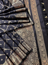 Black Color Banarasi Handloom Semi Soft Silk Saree - Antique Gold Zari Weave - Banarasi Sarees - Kaash