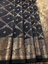 Black Color Banarasi Handloom Semi Soft Silk Saree - Antique Gold Zari Weave - Banarasi Sarees - Kaash