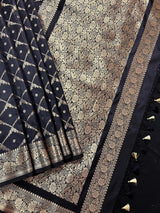 Black Color Banarasi Handloom Semi Soft Silk Saree - Antique Gold Zari Weave - Banarasi Sarees - Kaash