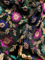 Black Semi Banarasi Floral Meenakari dupatta in semi banarasi soft silk with floral jaal with meenakari & muted gold zari — Kaash Collection