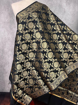 Black Banarasi Floral Designer dupatta in banarasi silk (non-pure) with floral jaal designer with muted gold zari — Kaash Collection