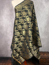 Black Banarasi Floral Designer dupatta in banarasi silk (non-pure) with floral jaal designer with muted gold zari — Kaash Collection