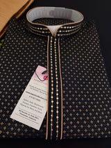 Black men's kurta pajama in banarasi silk with gold zari weaving with floral buttas — Kaash Collection