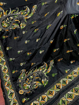 Black color Bangalori Silk Saree with Multi Color HandKantha Stitch Work - Handwoven Kantha Stitch Sarees - Kantha Saree - Kaash