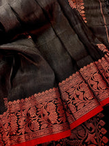 Black Color Bengal Handloom Linen Silk Saree with Red Borders and Cooper Zari Weaving - Kaash