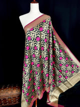 Black Color Floral Jaal Banarasi Silk Dupatta - Kaash