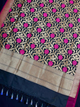 Black Color Floral Jaal Banarasi Silk Dupatta - Kaash