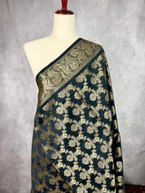 Black Banarasi Floral Jaal dupatta in banarasi silk (non-pure) with floral jaal with muted gold zari — Kaash Collection