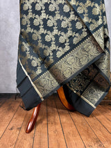 Black Banarasi Floral Jaal dupatta in banarasi silk (non-pure) with floral jaal with muted gold zari — Kaash Collection