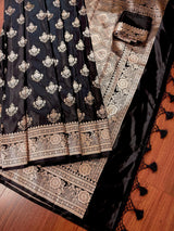Black Color Mashru Silk Handloom Saree with Muted Gold Zari Weave | Banarasi Mashru Silk Saree | Party Wedding Wear Sarees - Kaash