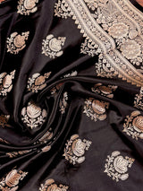 Black Color Mashru Silk Handloom Saree with Muted Gold Zari Weave | Banarasi Mashru Silk Saree | Party Wedding Wear Sarees - Kaash