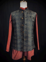 Black men's Nehru/Modi jacket in raw silk with floral weave & zari detail — Kaash Collection