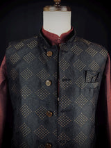 Black men's Nehru/Modi jacket in raw silk with floral weave & zari detail — Kaash Collection