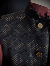 Black men's Nehru/Modi jacket in raw silk with floral weave & zari detail — Kaash Collection
