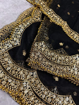 Black Net Sequin Wedding dupatta in net with gold zari, sequin & bead work on net — Kaash Collection