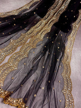 Black Net Sequin Wedding dupatta in net with gold zari, sequin & bead work on net — Kaash Collection