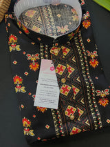 Black men's kurta pajama in soft cotton silk with sequin & colorful thread work — Kaash Collection