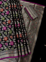 Black Banarasi Cotton saree in pure banarasi cotton with meenakari resham with floral jaal — Kaash Collection