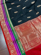 Black with Red, Purple & Green Border pure katan silk saree with satin patta border with floral pallu — Kaash Collection