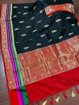 Black with Red, Purple & Green Border pure katan silk saree with satin patta border with floral pallu — Kaash Collection