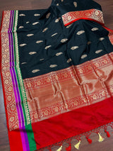 Black with Red, Purple & Green Border pure katan silk saree with satin patta border with floral pallu — Kaash Collection