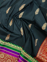 Black with Red, Purple & Green Border pure katan silk saree with satin patta border with floral pallu — Kaash Collection