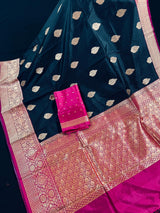 Black Color Pure Katan Silk Saree with Pink Color Border and Pallu - Pure Silk Sarees - SILK MARK CERTIFIED - Kaash