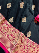 Black Color Pure Katan Silk Saree with Pink Color Border and Pallu - Pure Silk Sarees - SILK MARK CERTIFIED - Kaash