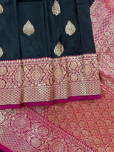Black Color Pure Katan Silk Saree with Pink Color Border and Pallu - Pure Silk Sarees - SILK MARK CERTIFIED - Kaash