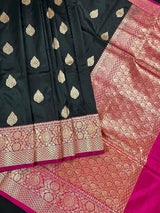 Black Color Pure Katan Silk Saree with Pink Color Border and Pallu - Pure Silk Sarees - SILK MARK CERTIFIED - Kaash