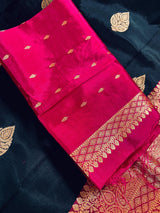 Black Color Pure Katan Silk Saree with Pink Color Border and Pallu - Pure Silk Sarees - SILK MARK CERTIFIED - Kaash