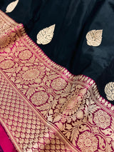 Black Color Pure Katan Silk Saree with Pink Color Border and Pallu - Pure Silk Sarees - SILK MARK CERTIFIED - Kaash