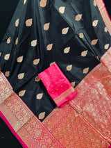 Black Color Pure Katan Silk Saree with Pink Color Border and Pallu - Pure Silk Sarees - SILK MARK CERTIFIED - Kaash
