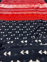 Black with Maroon & Orange Khaadi Ikkat saree in pure khaadi cotton blend with linen with ikkat prints with silver zari borders — Kaash Collection