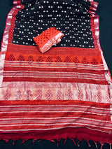 Black with Maroon & Orange Khaadi Ikkat saree in pure khaadi cotton blend with linen with ikkat prints with silver zari borders — Kaash Collection