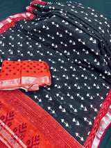 Black with Maroon & Orange Khaadi Ikkat saree in pure khaadi cotton blend with linen with ikkat prints with silver zari borders — Kaash Collection