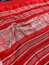 Black with Maroon & Orange Khaadi Ikkat saree in pure khaadi cotton blend with linen with ikkat prints with silver zari borders — Kaash Collection