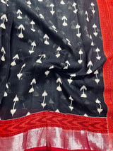 Black with Maroon & Orange Khaadi Ikkat saree in pure khaadi cotton blend with linen with ikkat prints with silver zari borders — Kaash Collection
