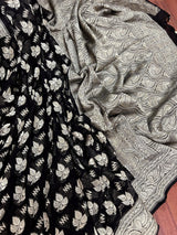 Black pure khaddi georgette banarasi silk saree with silver zari weave — Kaash Collection