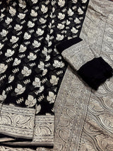 Black pure khaddi georgette banarasi silk saree with silver zari weave — Kaash Collection